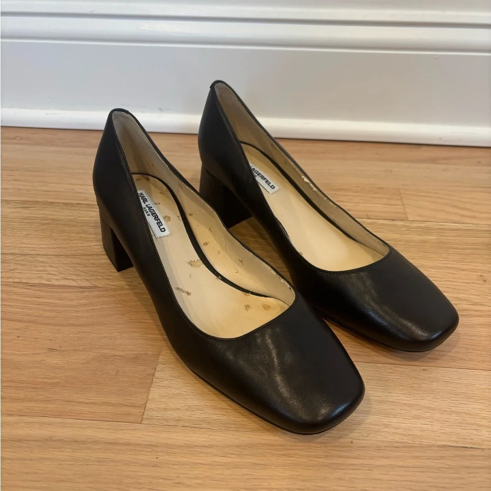 Karl Lagerfeld Paris Charee black leather block heel shoes size 9
